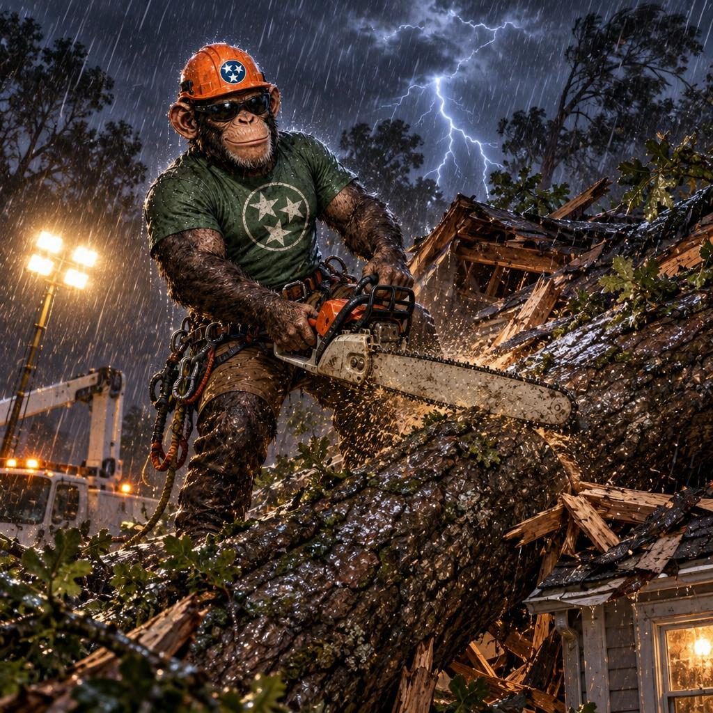 Camacho Creations monkey mascot cutting a storm-fallen tree off a house at night