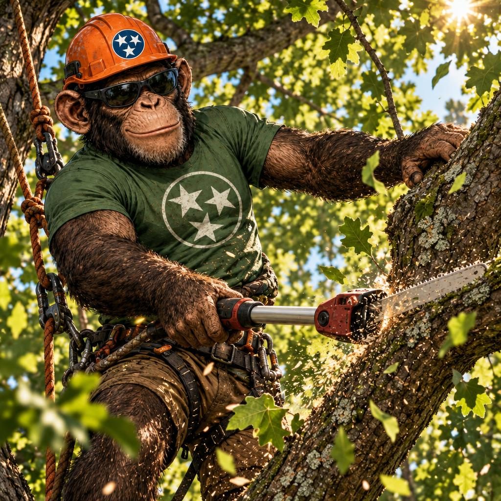 Camacho Creations monkey mascot trimming a limb high in a tree