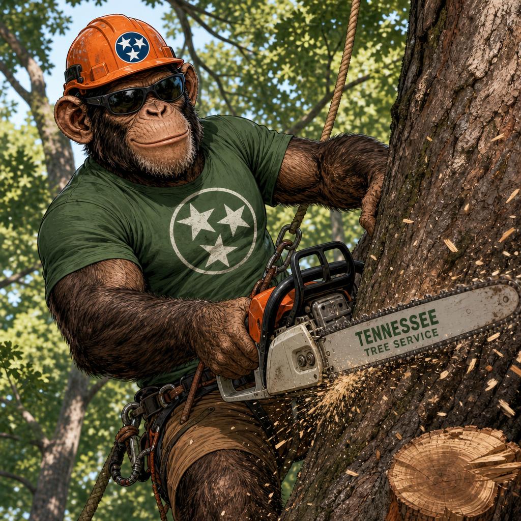 Camacho Creations monkey mascot cutting into a tree trunk with a chainsaw